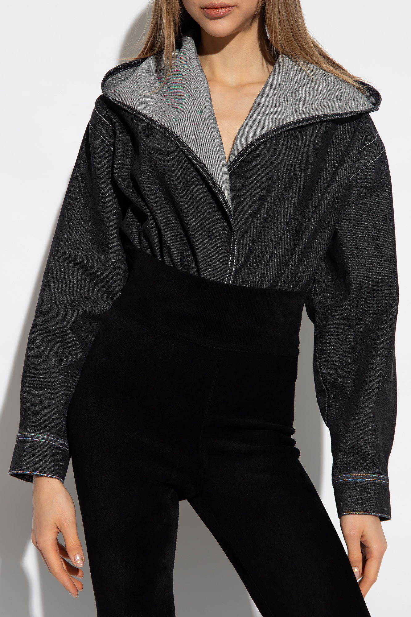 Alaïa Hooded V-neck Denim Bodysuit In Black