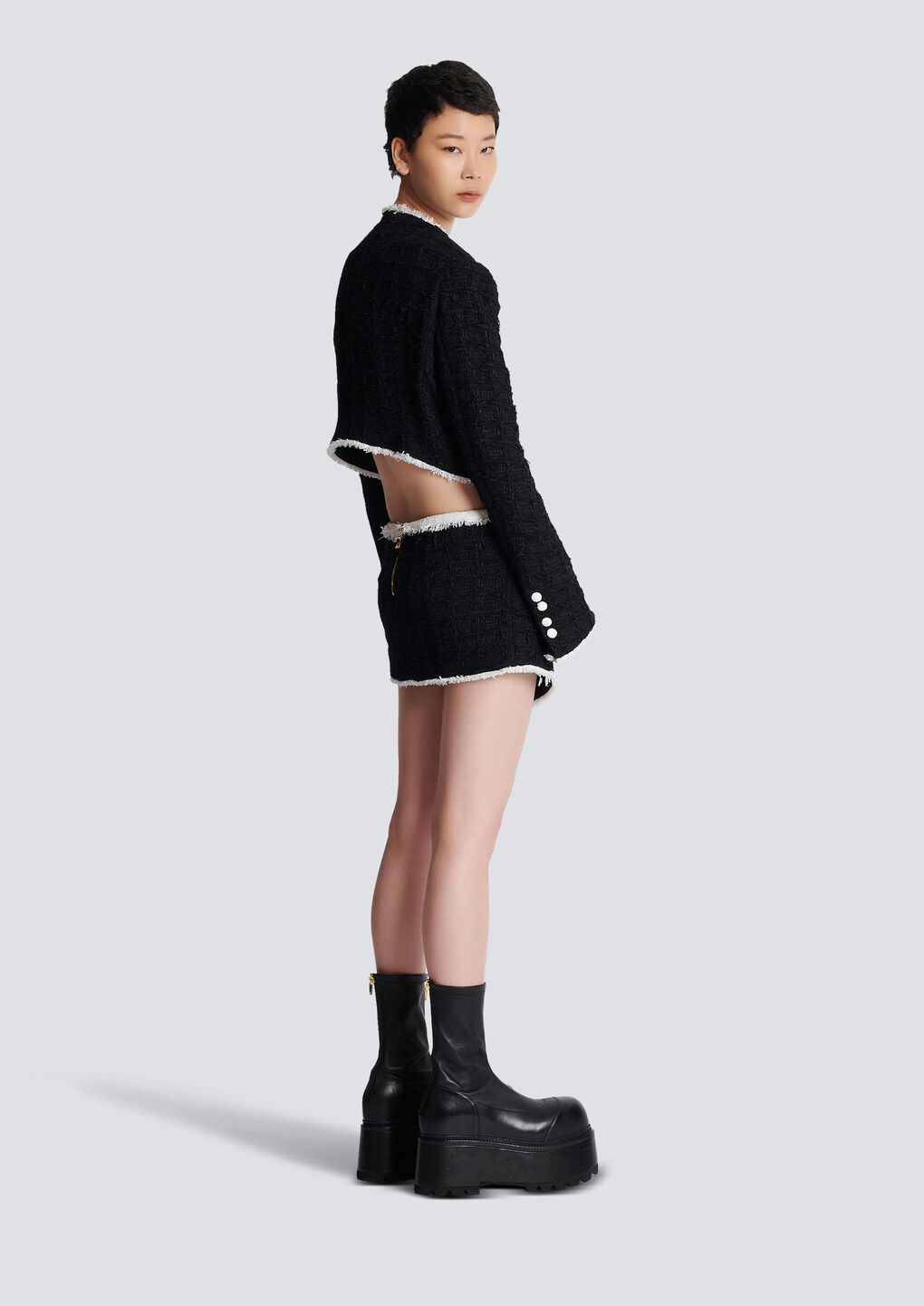Shop Balmain Short Tweed Jacket With Contrasting Details In Black