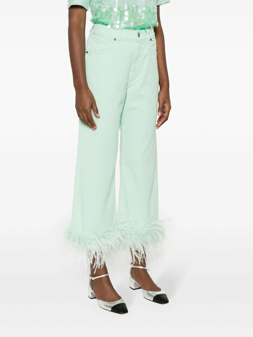 P.a.r.o.s.h Feather-trim Stretch-cotton Jeans In Green