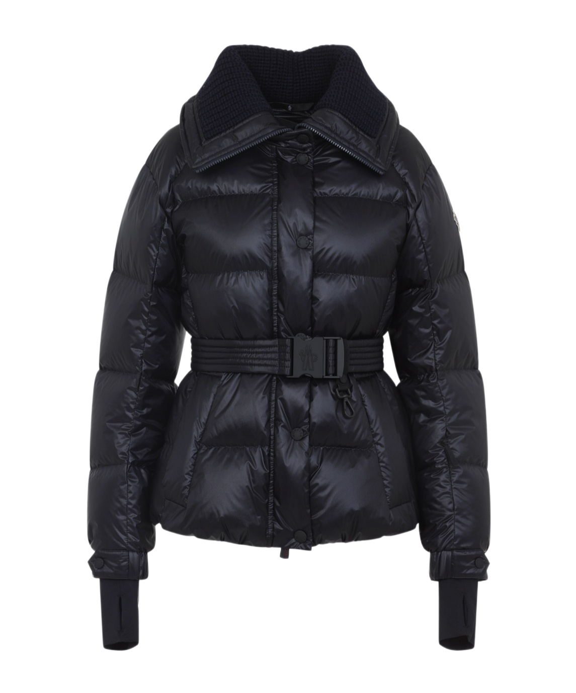 Moncler Puffer Jacket With Belted Waist And High Collar In Blue