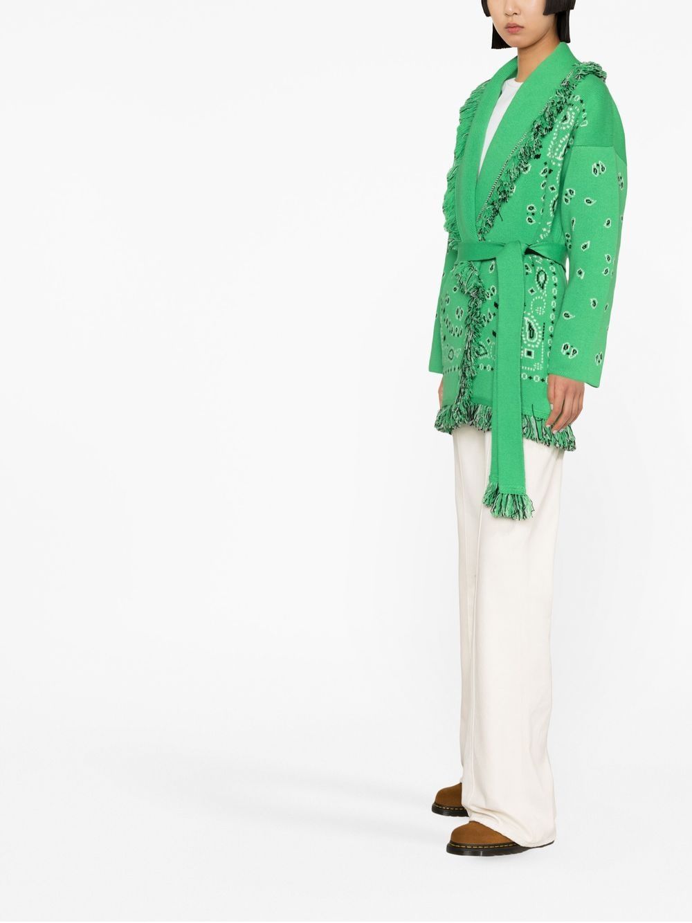 Alanui Jacquard Bandana Fringe Belted Cardigan In Green