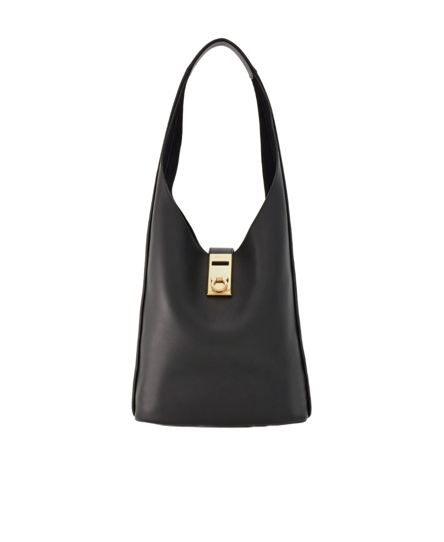 Ferragamo Salvatore Gancini Buckle Large Shoulder Bag In Black