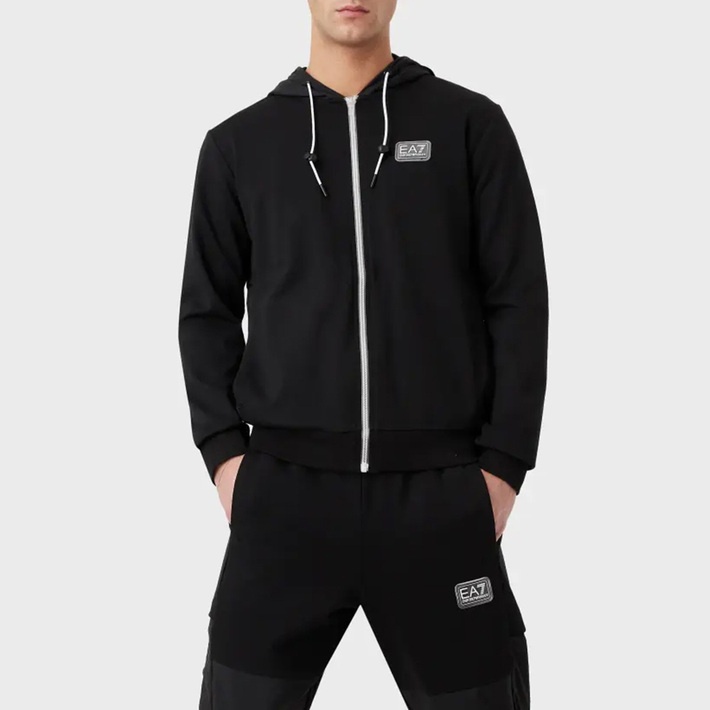 Ea7 Logo Hooded Zipper Sweater In Black