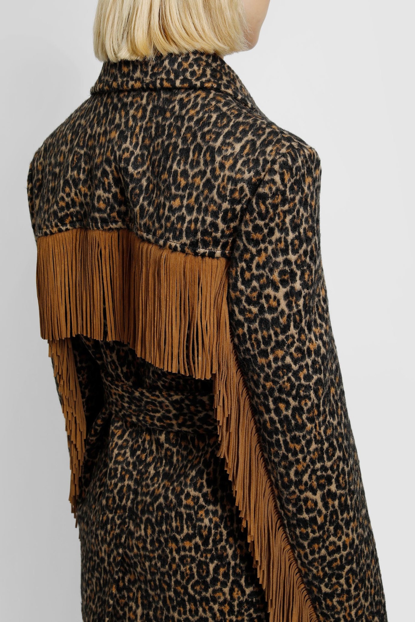Saint Laurent Belted Fringed Leopard Wool-blend Jacquard Jacket In Black
