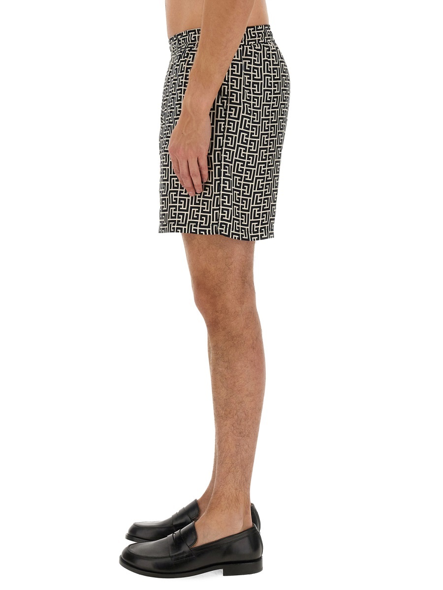Balmain Monogram-print Elasticated-waist Shorts In Brown