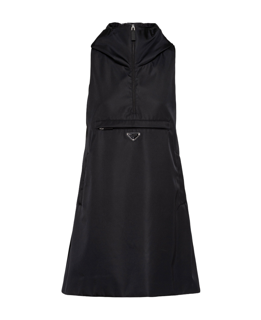 Prada Triangle Logo Hooded Minidress In Black