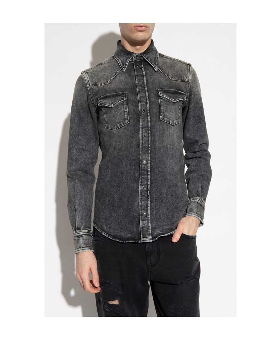 Dolce & Gabbana Black Washed Cotton Snap Long Sleeve Casual Shirt In Black