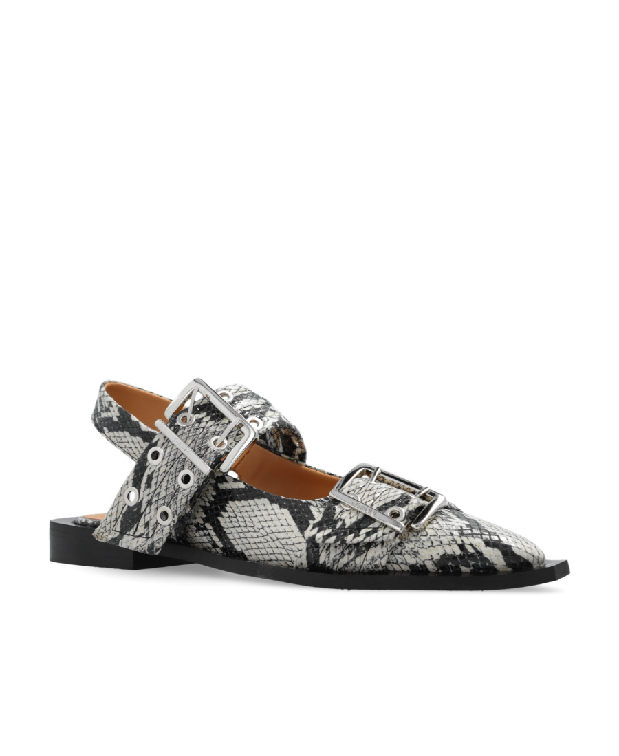 Ganni Buckled Eyelet-embellished Snake-effect Recycled Faux Patent-leather Ballet Flats In Black