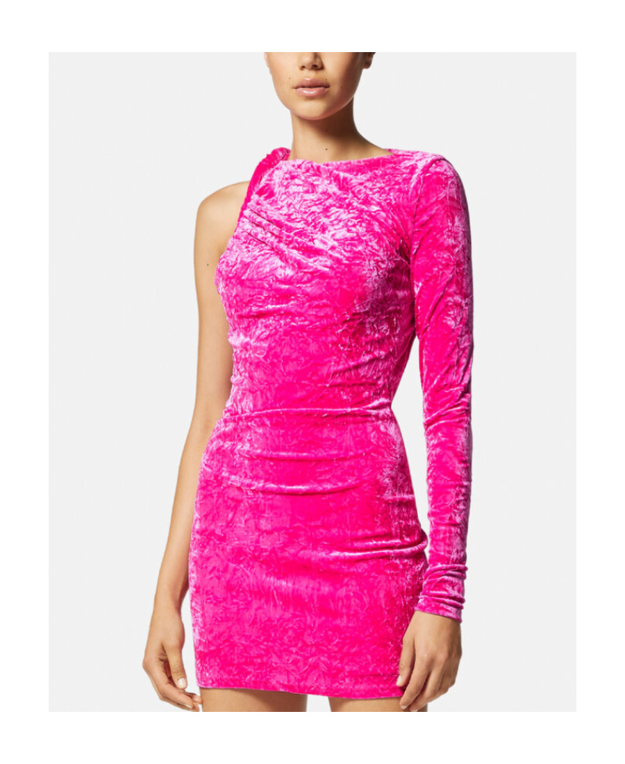 Versace Fuchsia One-shoulder Mini Dress With Greca Detail And Cut-out At The Back In Crushed Velvet Woman In Pink