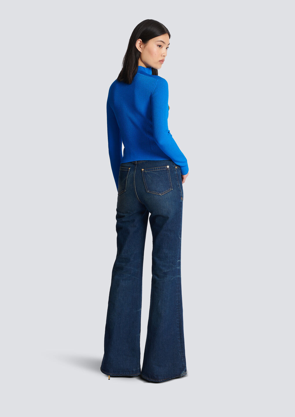 Balmain Embossed-button Ribbed Cardigan In Blue