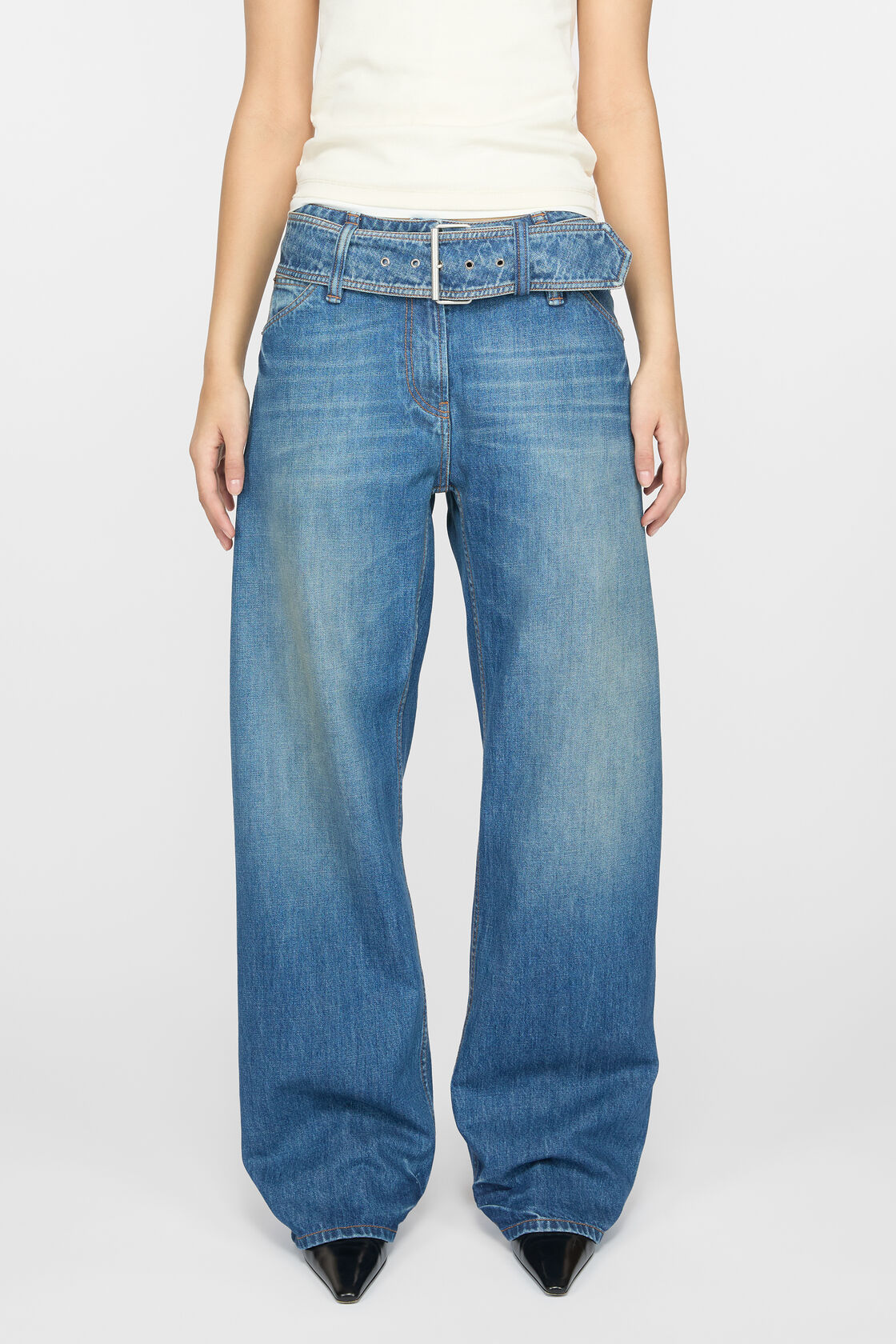Acne Studios Belted Denim Trousers In Blue