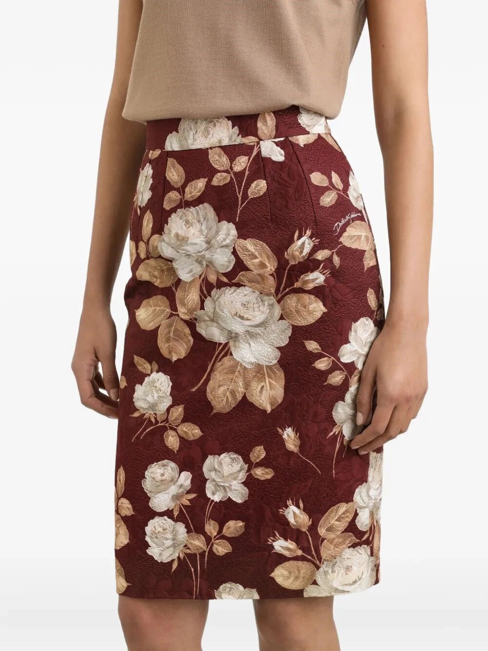 Dolce & Gabbana Rose-print Midi Pencil Skirt In Brown