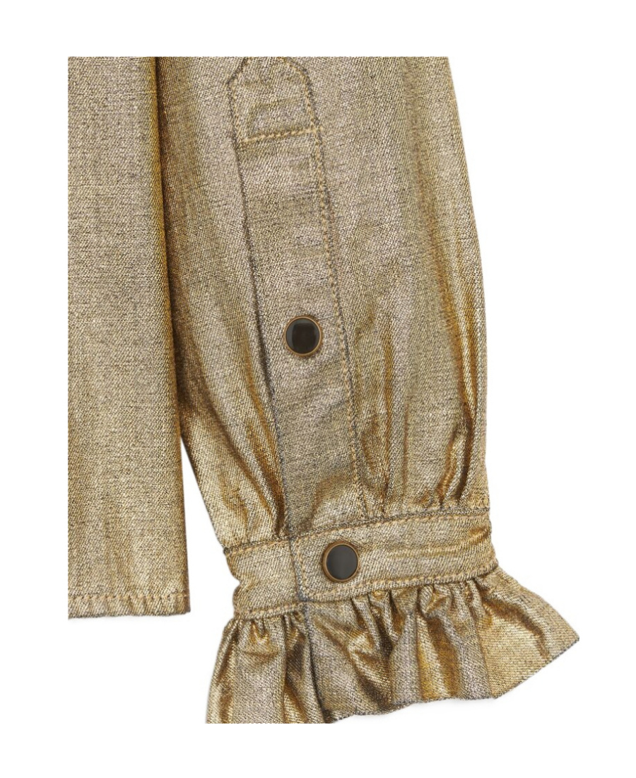 SAINT LAURENT RUFFLED SHIRT IN LAMINATED GOLD RINSE DENIM