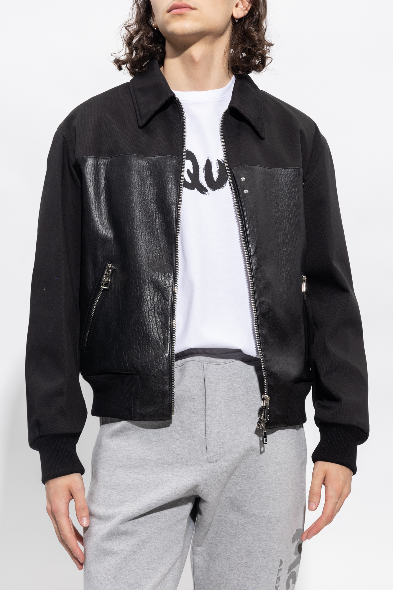 Alexander Mcqueen Leather And Fabric Bomber Jacket In Black
