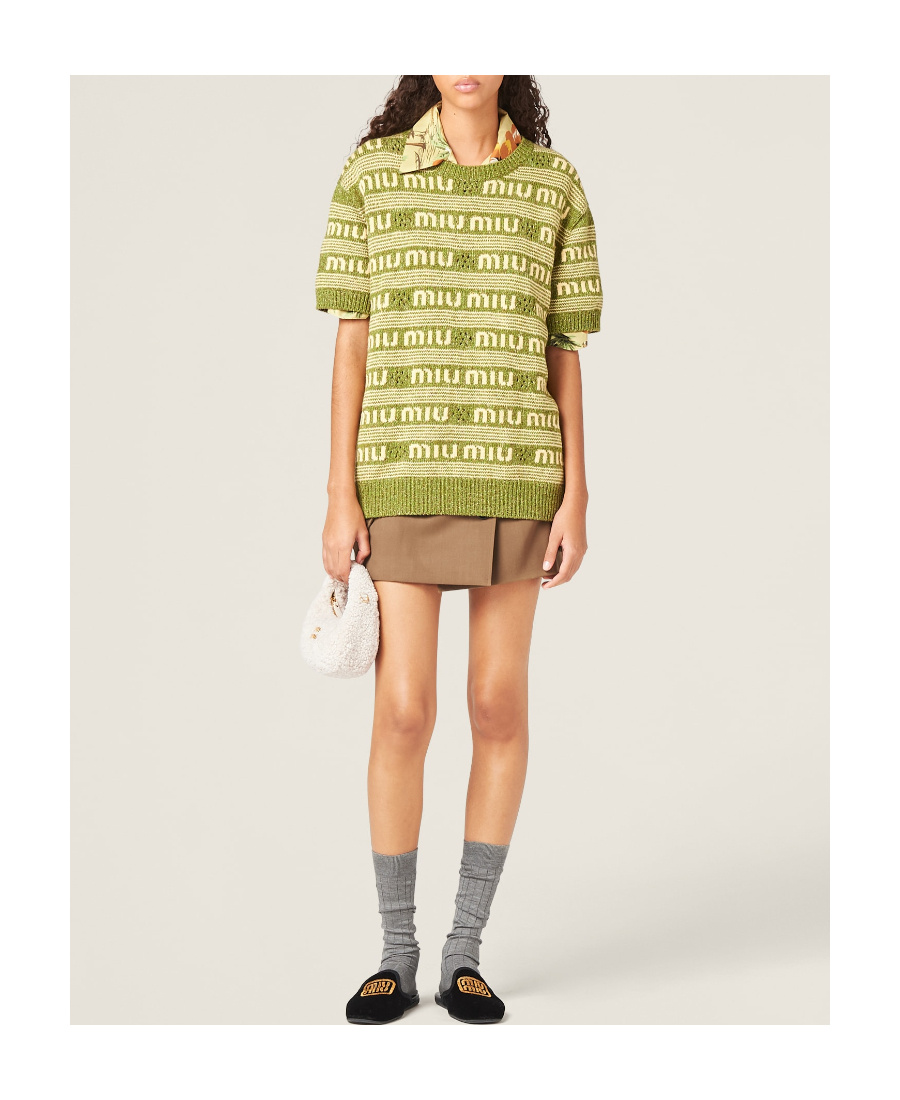 Miu Miu Logo-intarsia Striped Jumper In Green