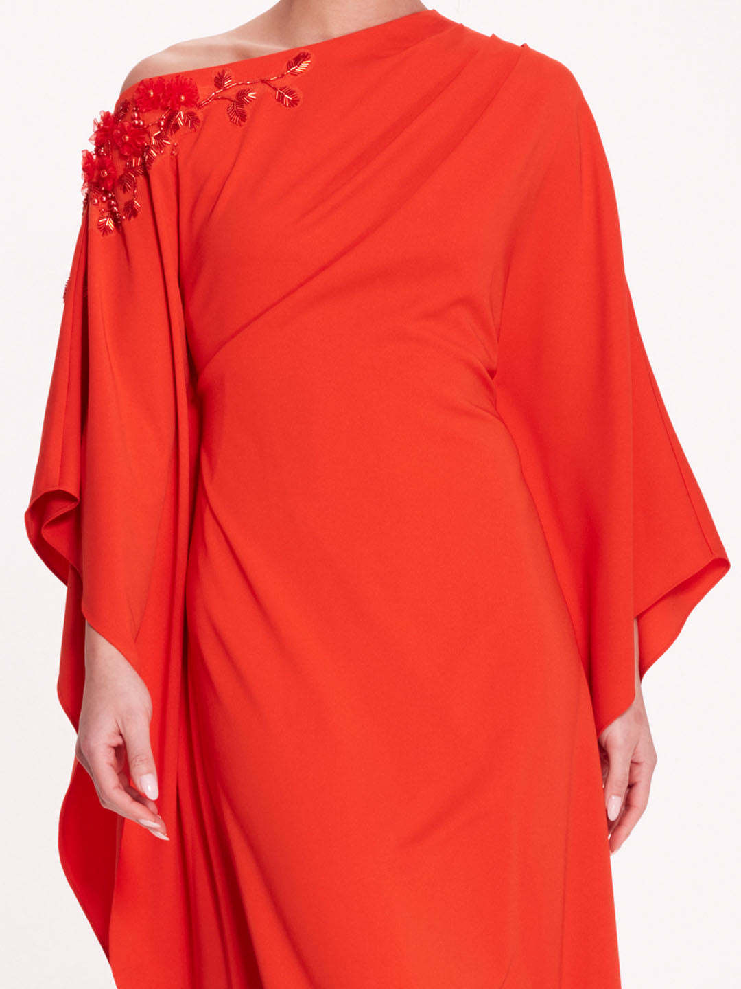 Shop Marchesa Notte Floral-embroidered Draped Dress In Red