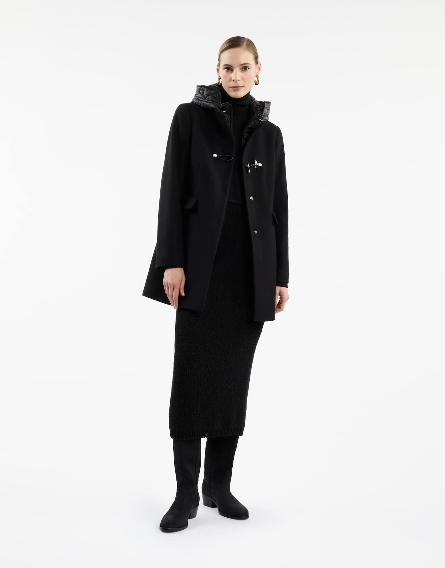 Fay Toggle Coat In Black Wool Blend Fabric In Black