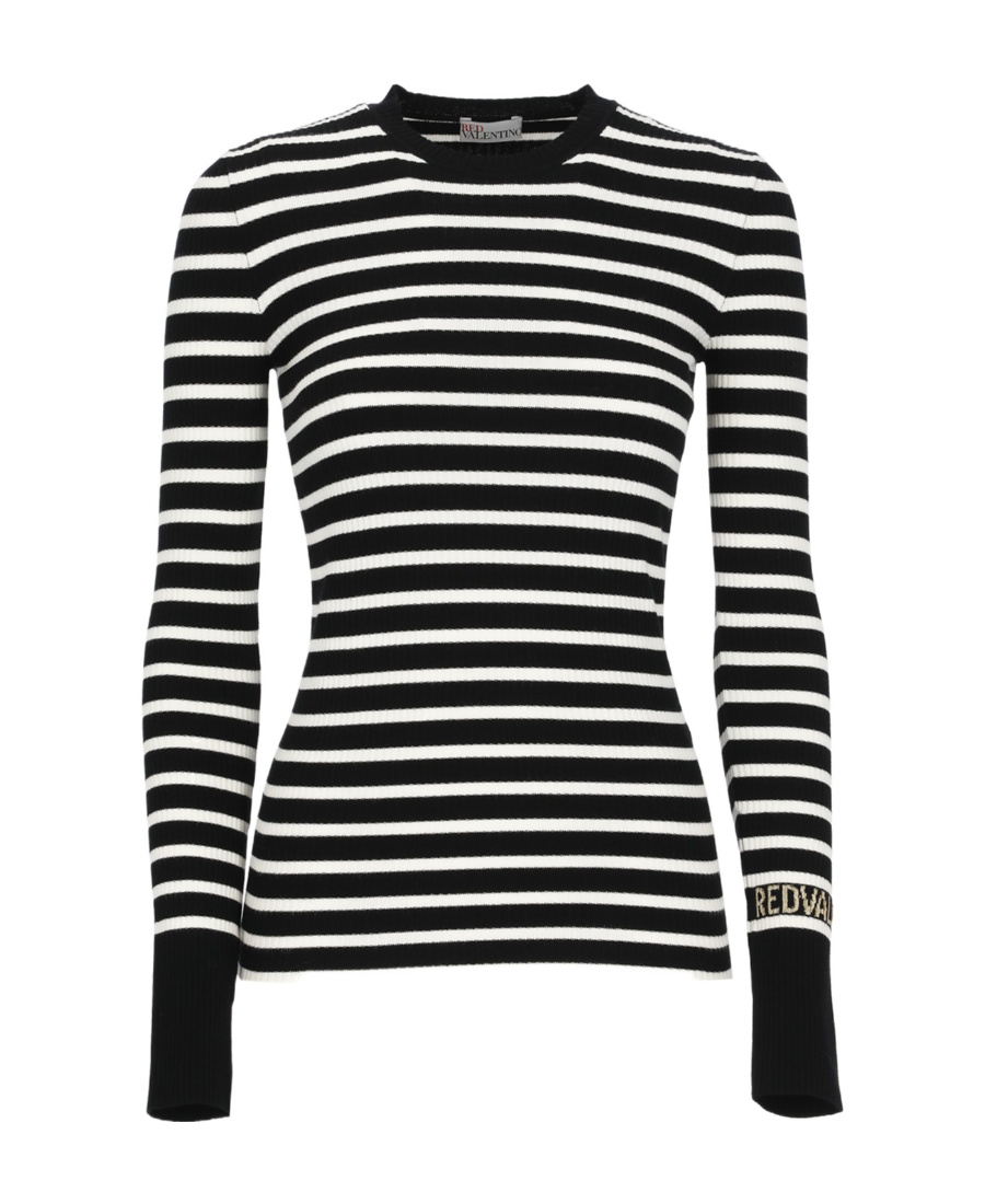 Red Valentino Round-neck Long-sleeved Striped Sweater In Black