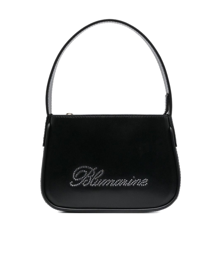 Blumarine Black Patent Finish Mini Bag With Rhinestone-embellished Logo In Calf Leather Woman In Black