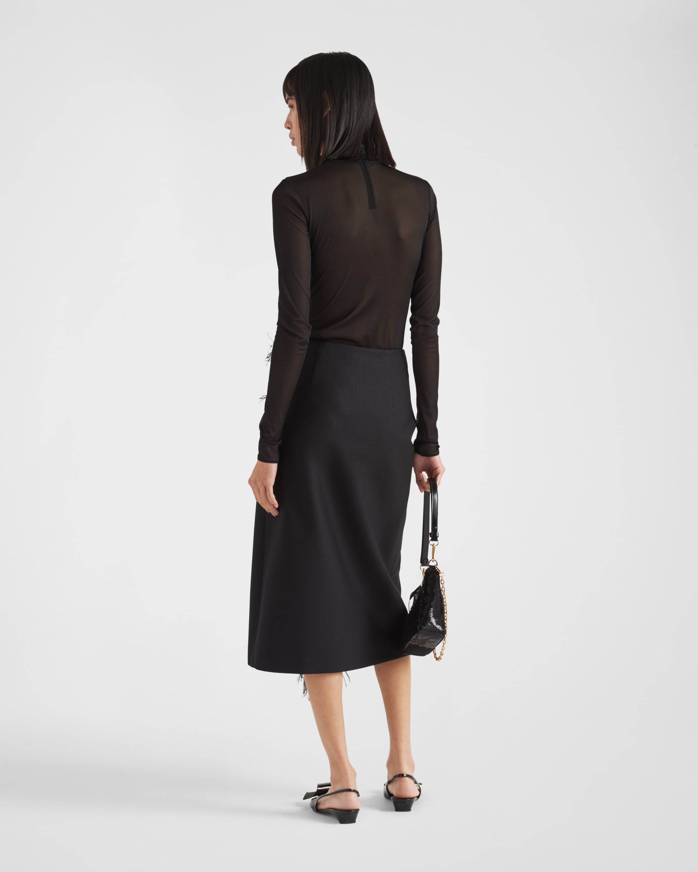 Prada Feather-trimmed Wool Midi-skirt In Black