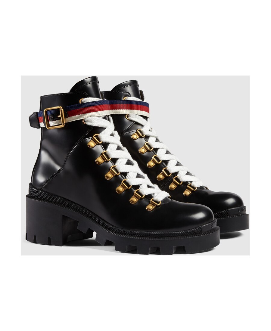 Gucci Grosgrain-trimmed Leather Ankle Boots In Black