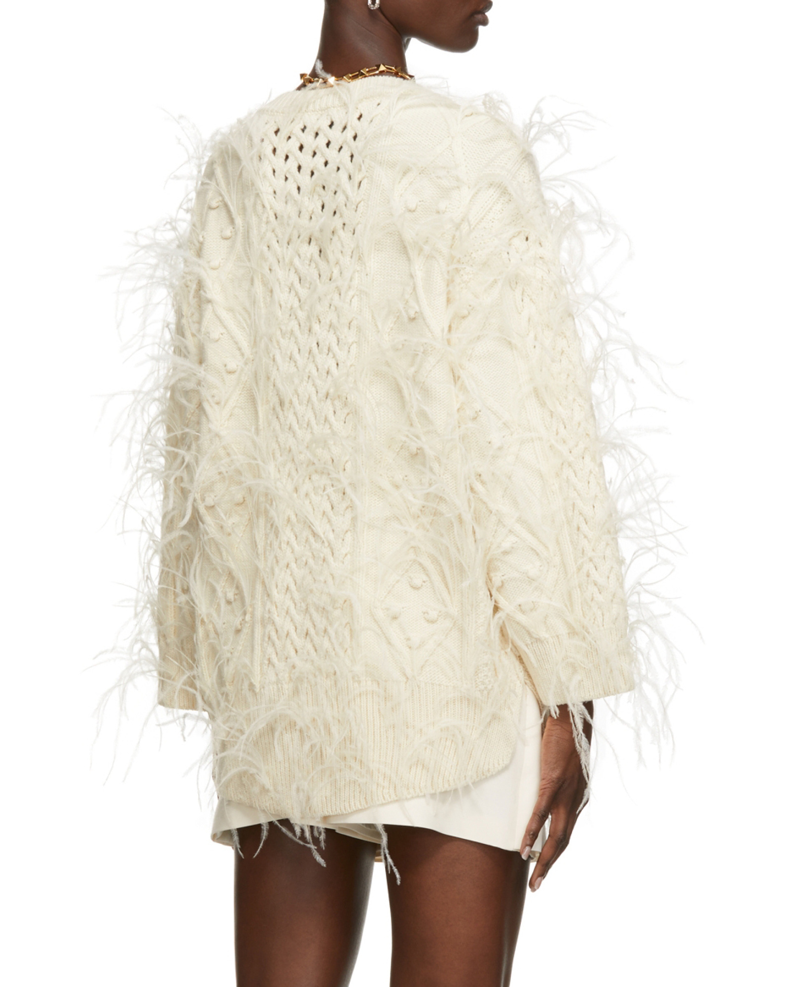 Valentino Feather-embellished Wool Jumper In Metallic