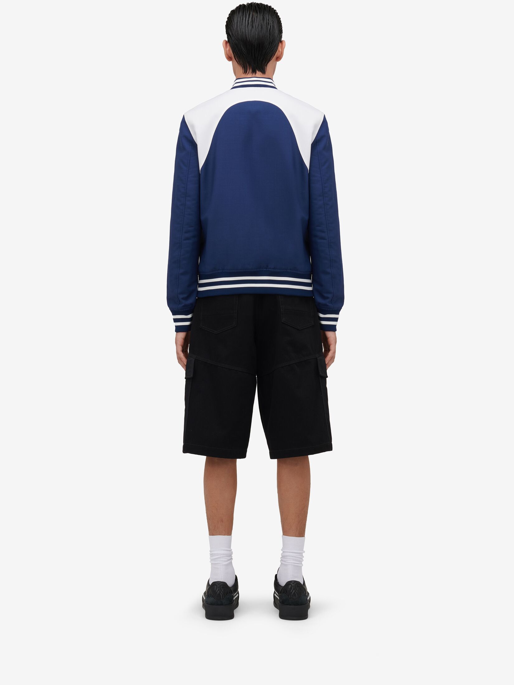 Alexander Mcqueen Panelled Wool And Mohair-blend Bomber Jacket In Blue
