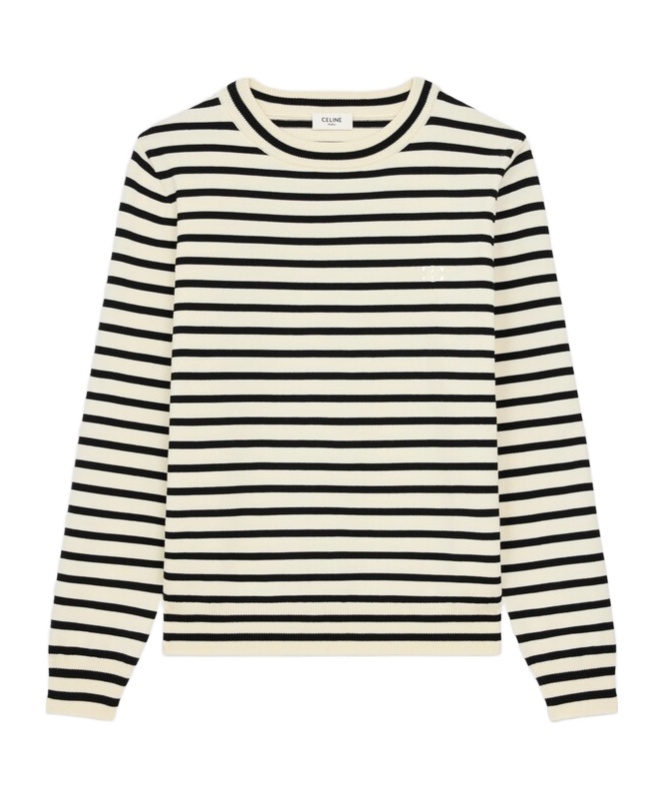 Celine Triomphe Crew Neck Marinère Sweater In Wool In Natural Color/black