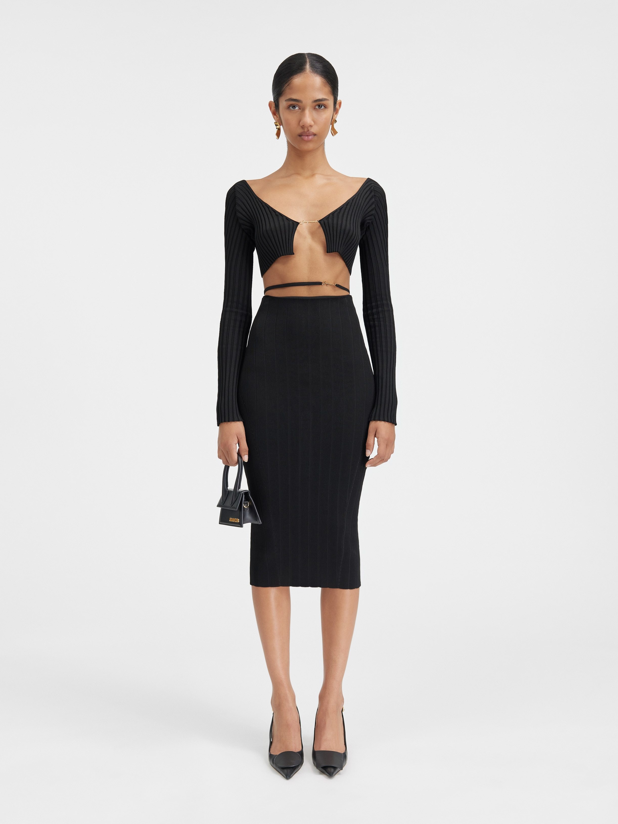 Jacquemus La Jupe Pralu Ribbed-knit Midi Skirt In Black