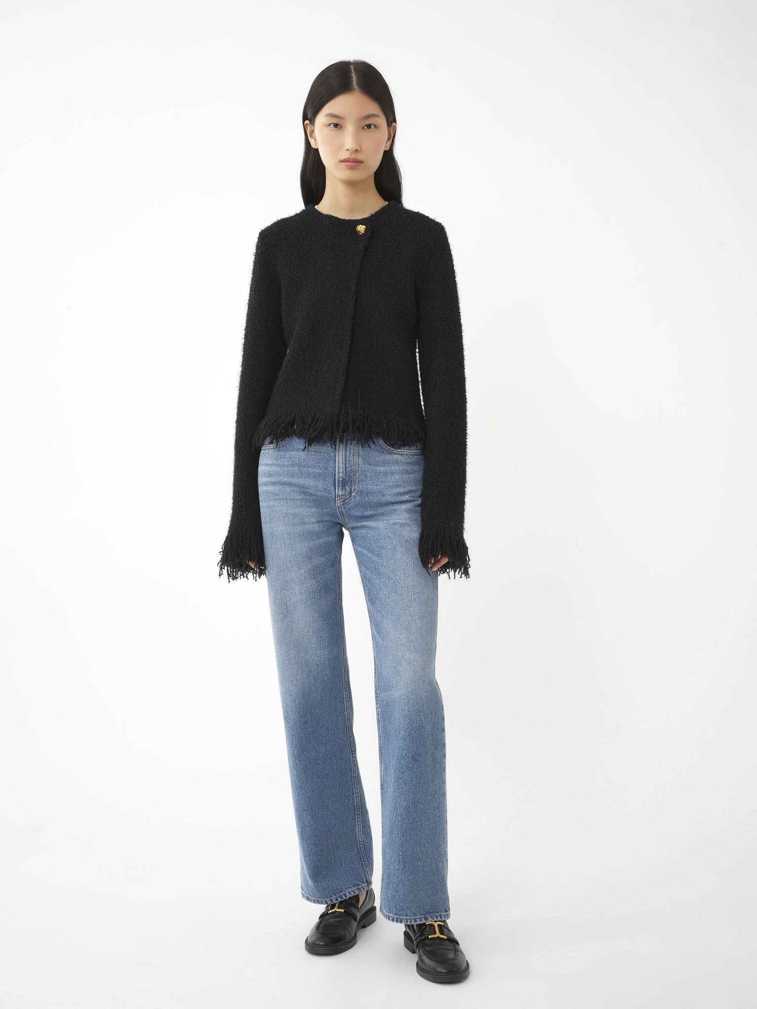 Chloé Veste Courte Ajustée Sans Col Femme Noir Taille L 50% Laine, 36% Soie, 8% Cachemire, 5% Polyamide, 1 In Black