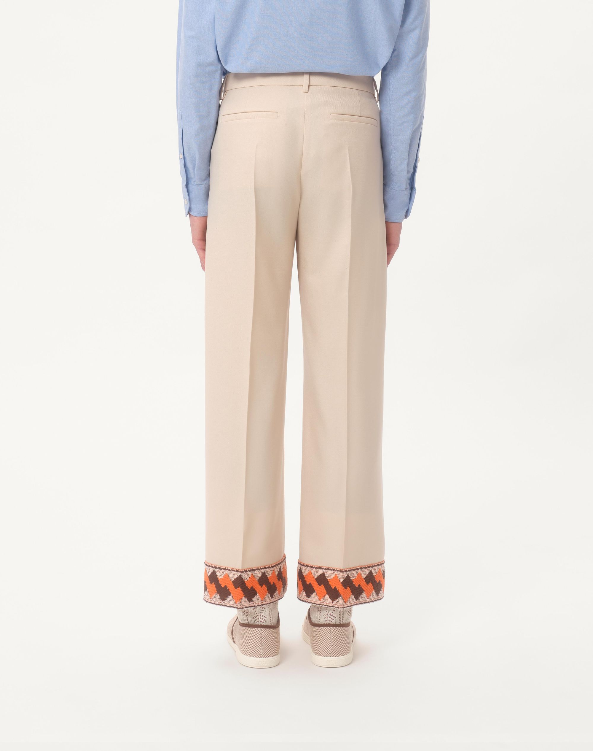 Valentino Wool Trousers With Embroidered Hem And Wide Leg In Nude