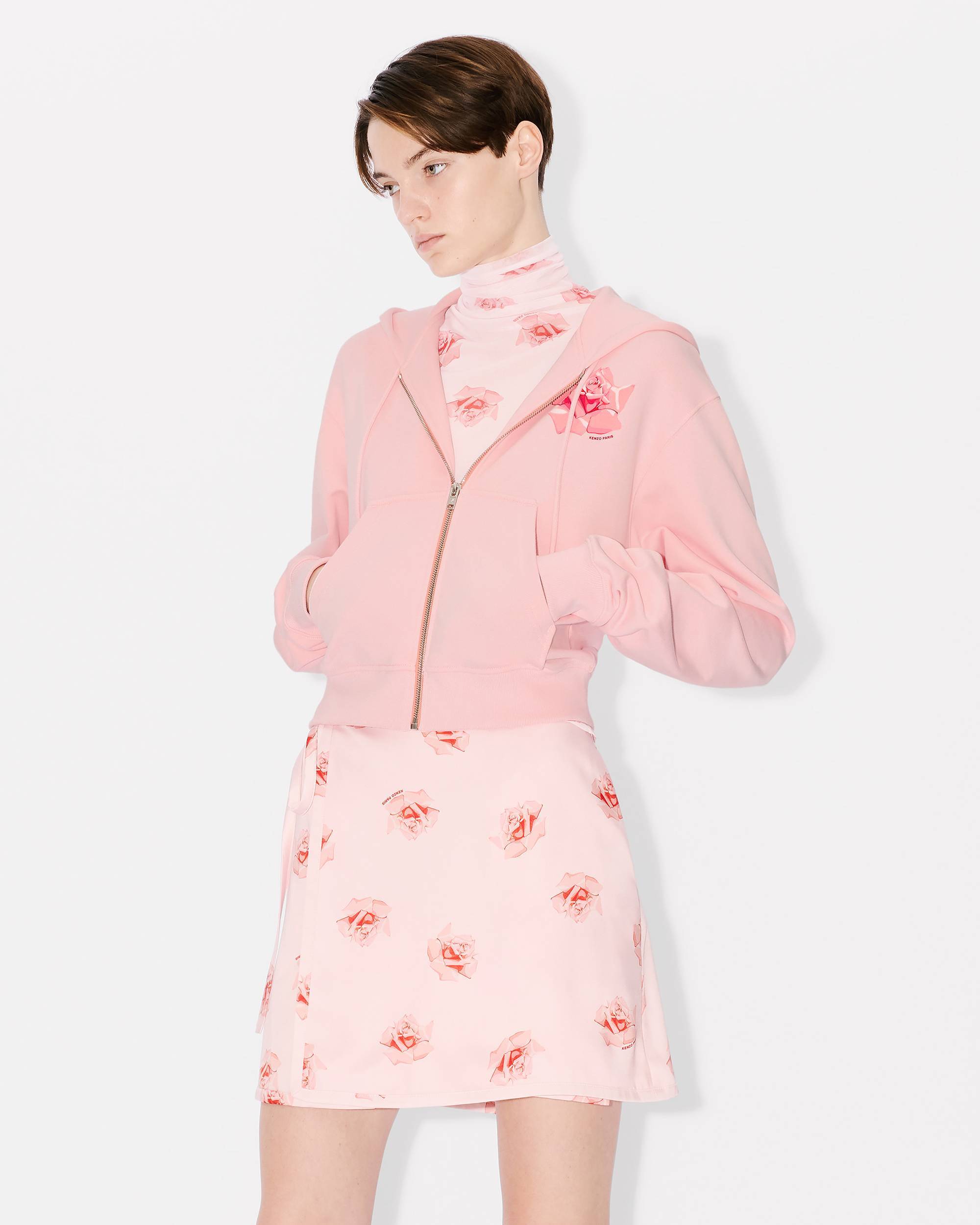 Kenzo Rose-print Zipped Hoodie In Pink