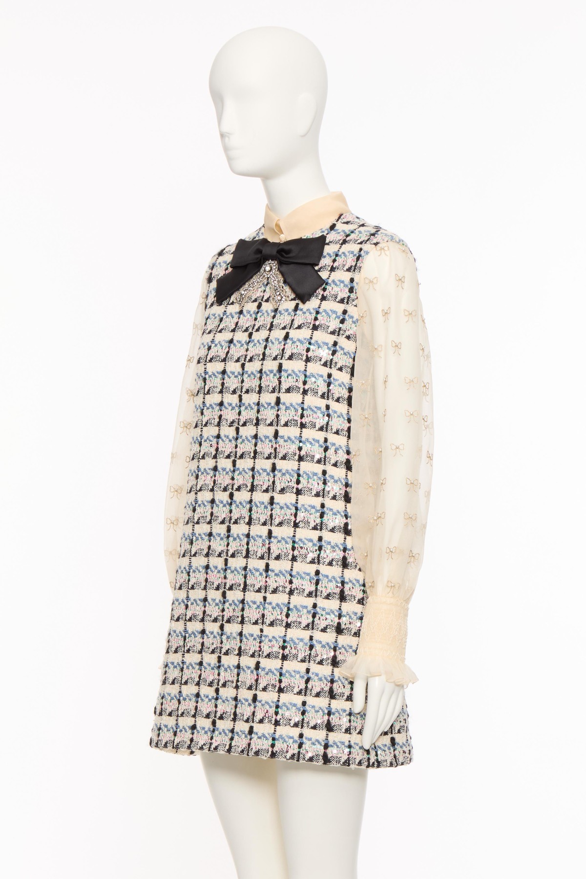 Valentino Tweed Dress With Bow-embellished Sleeves
