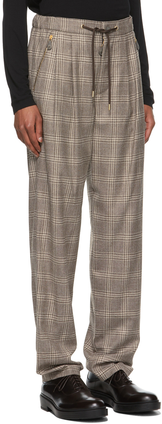 Giorgio Armani Brown Wool Micro Houndstooth Motif Pants In Green