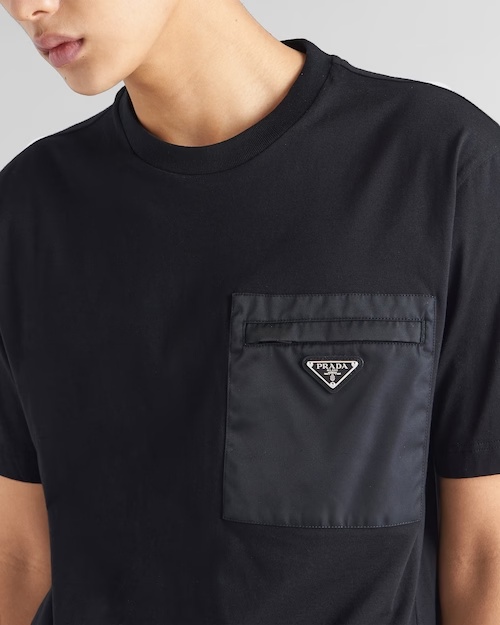Prada Cotton T-shirt With Nylon Pocket In Black