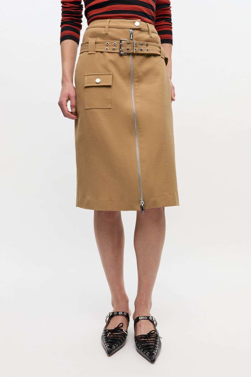 Ganni Camel-colored Cotton Utilitarian Midi Skirt