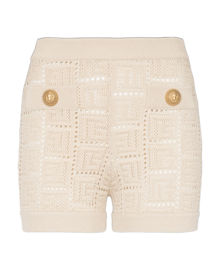 Balmain Monogrammed Openwork Knit Mini Shorts In Nude