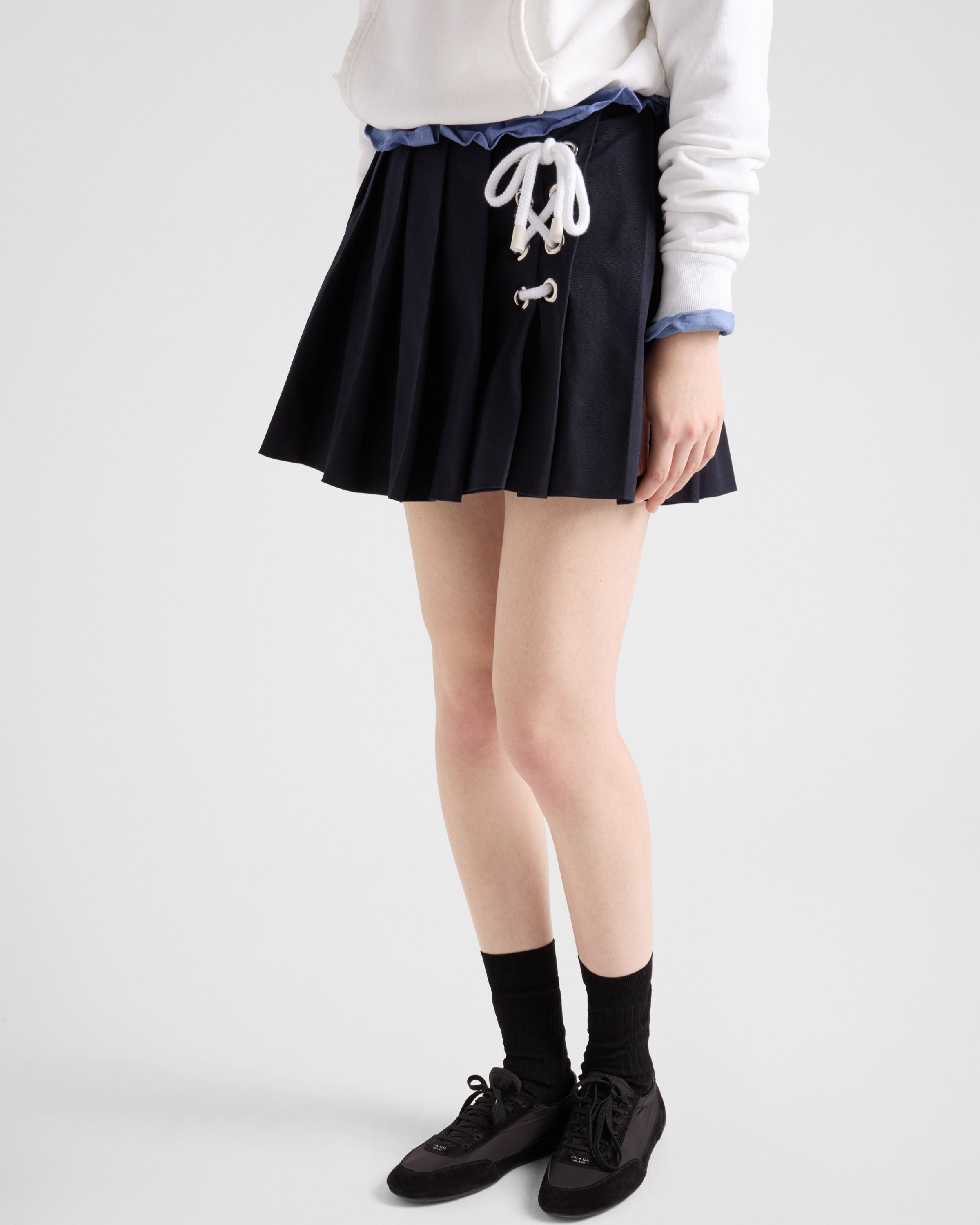 Prada Navy Pleated Drill Mini Skirt In Navy Blue