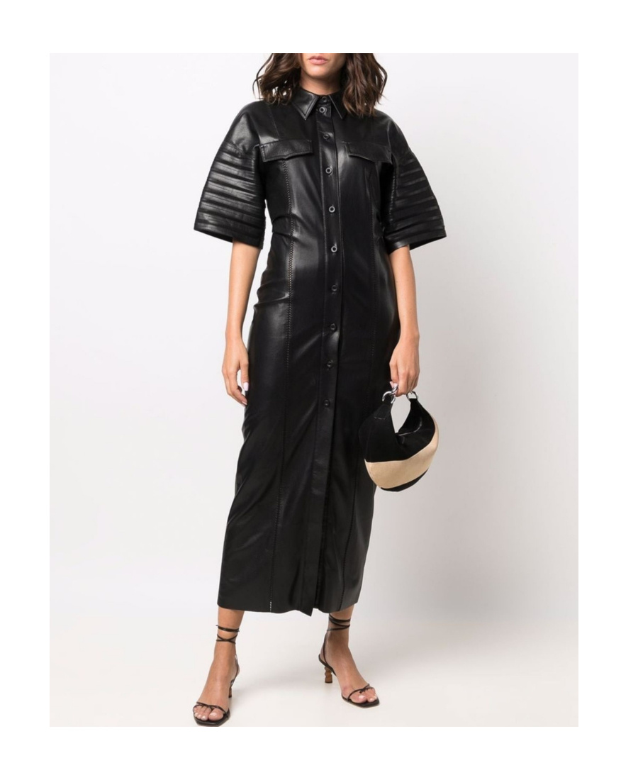 Nanushka Taissa Pleated-sleeve Vegan Leather Midi Dress In Black