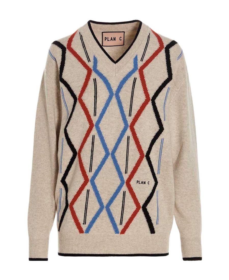 Plan C Geometric Pattern V-neck Knit Sweater In Nude