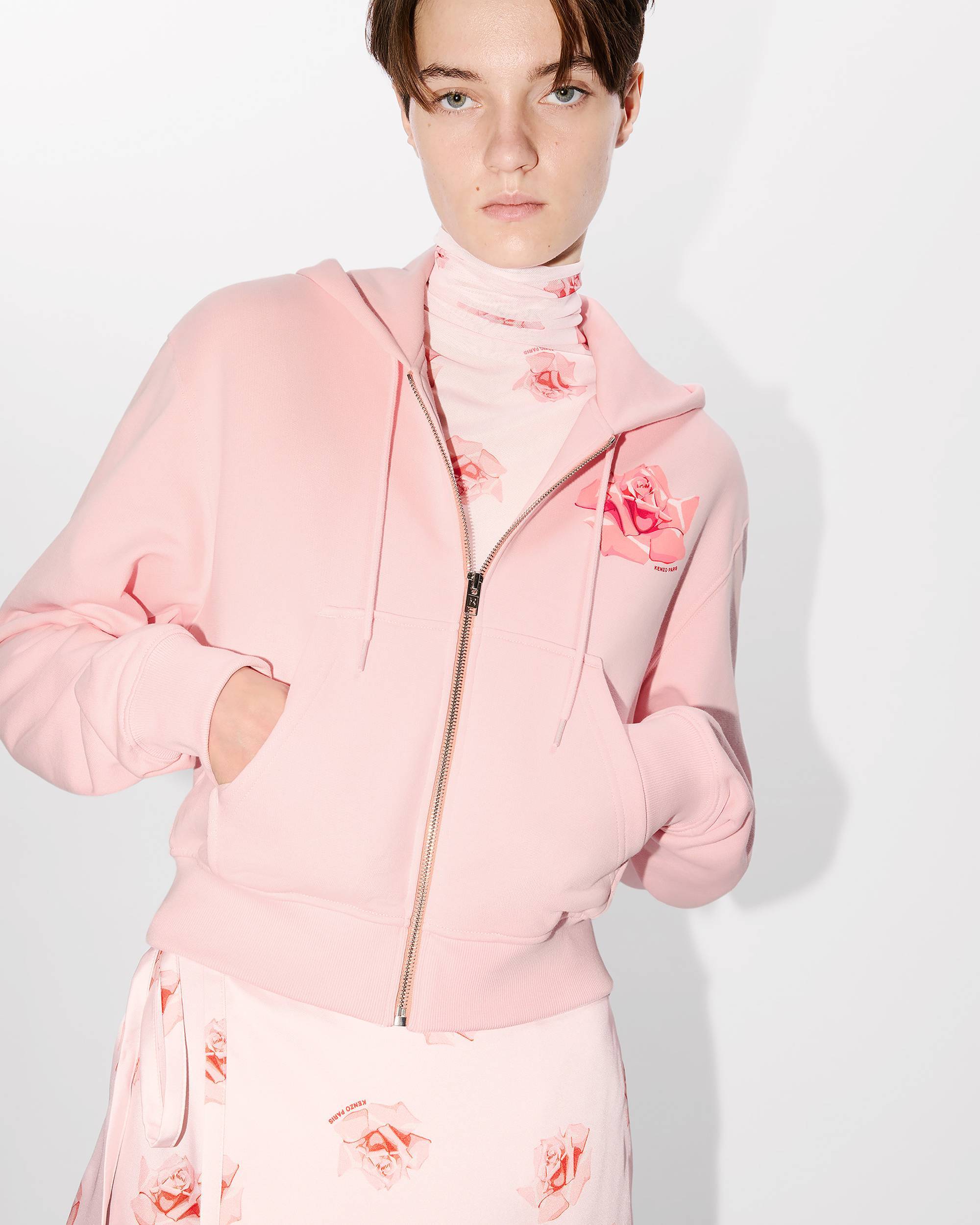 Kenzo Rose-print Zipped Hoodie In Pink