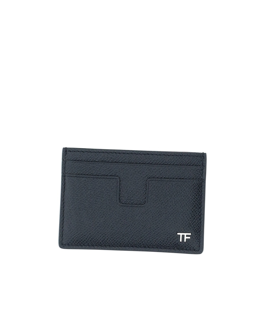Tom Ford Navy Small Grain Leather Classic Card Holder In Black