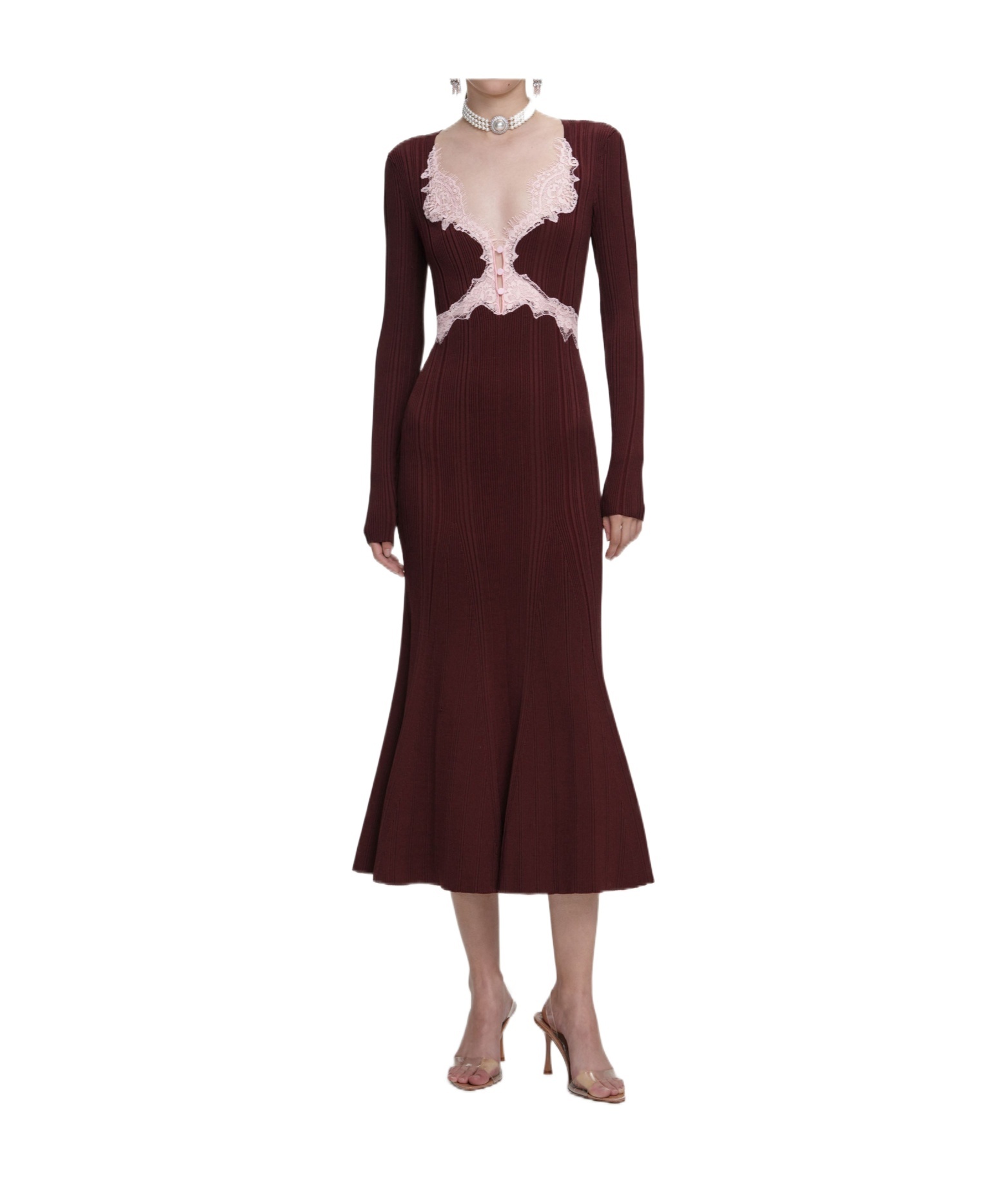 Self-portrait Contrast Lace Knit Midi Dress In Brown