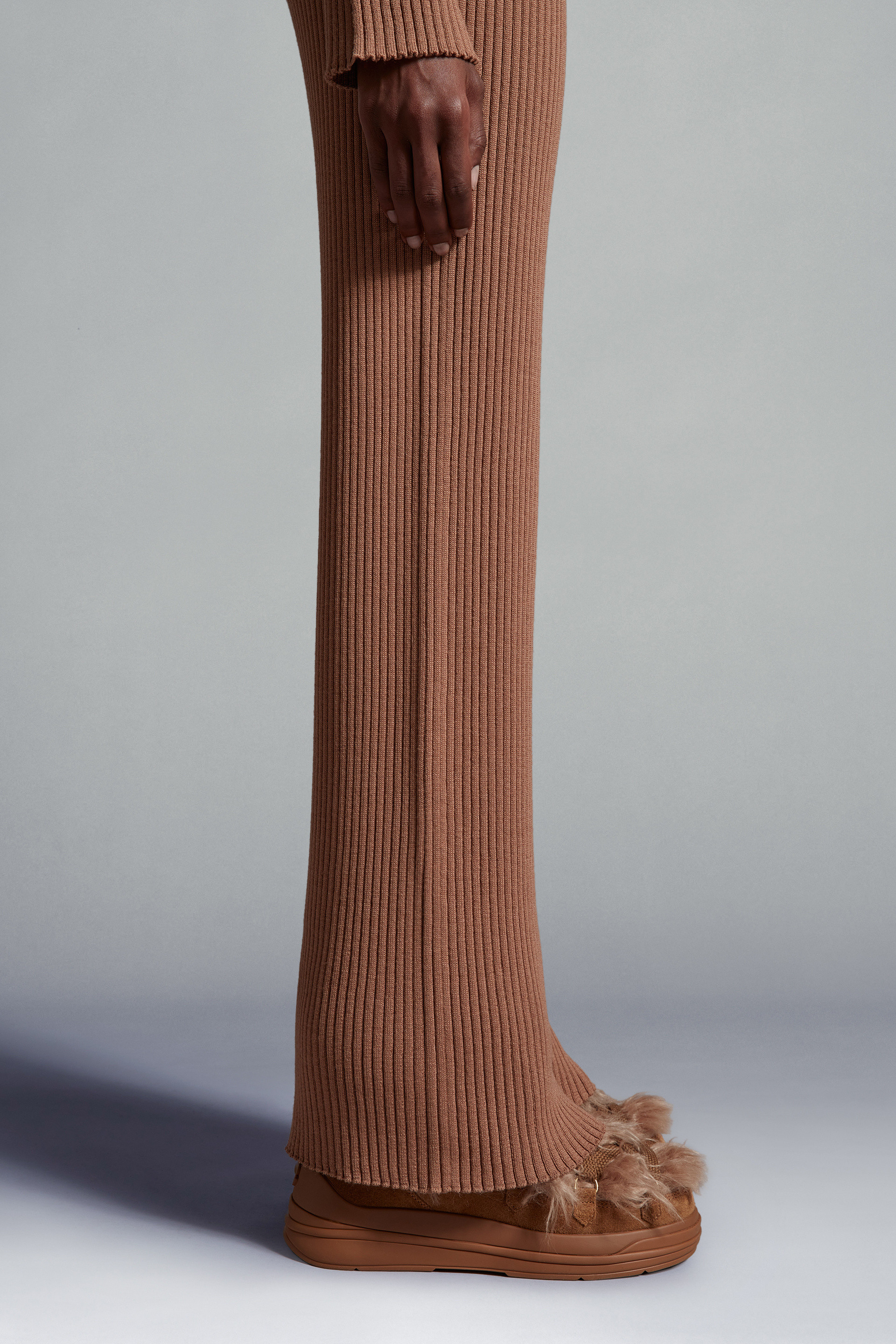 Moncler Logo-patch Ribbed-knit Trousers In Brown