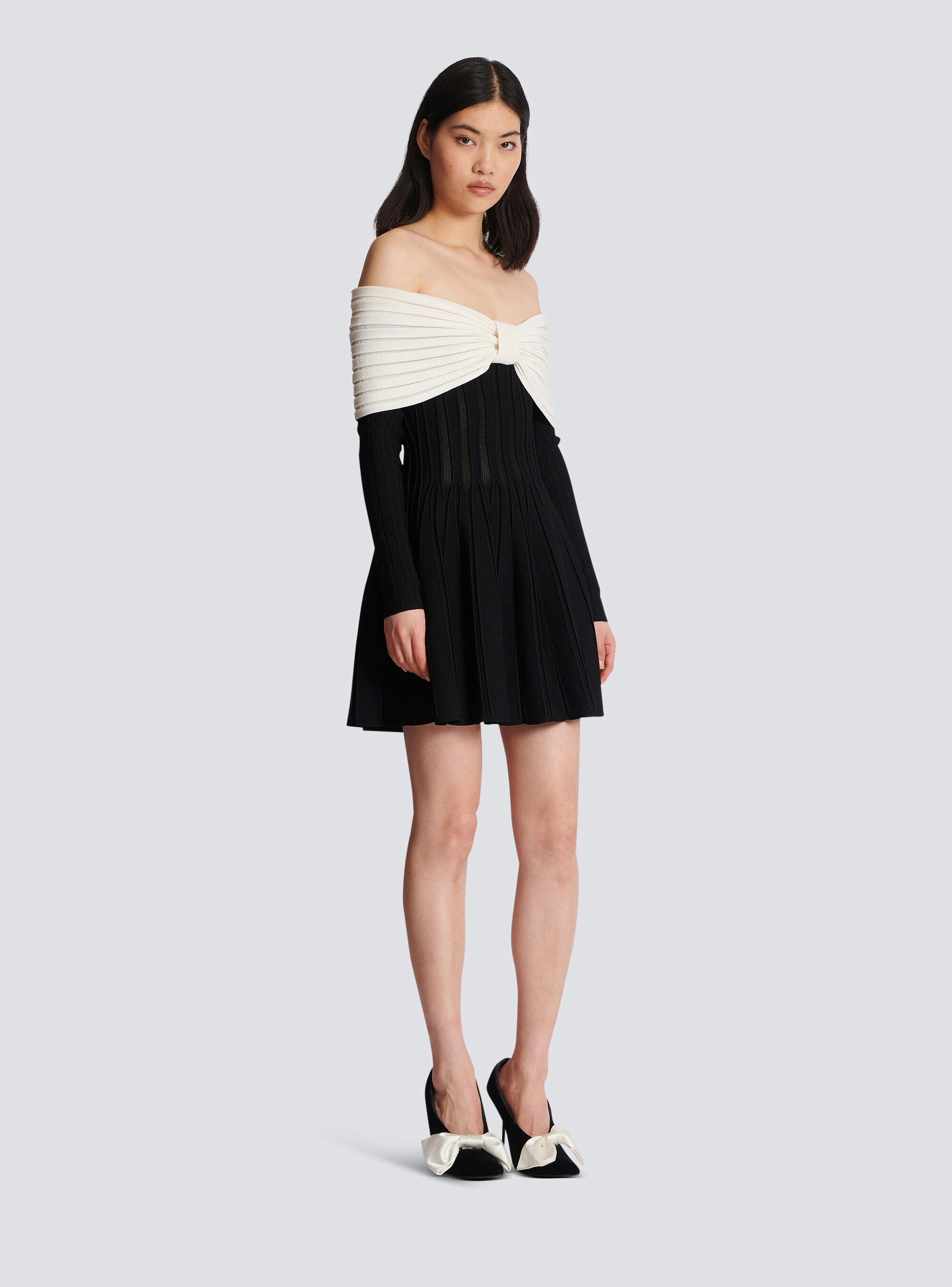 Balmain Off-the-shoulder Two-tone Ribbed-knit Mini Dress In Black