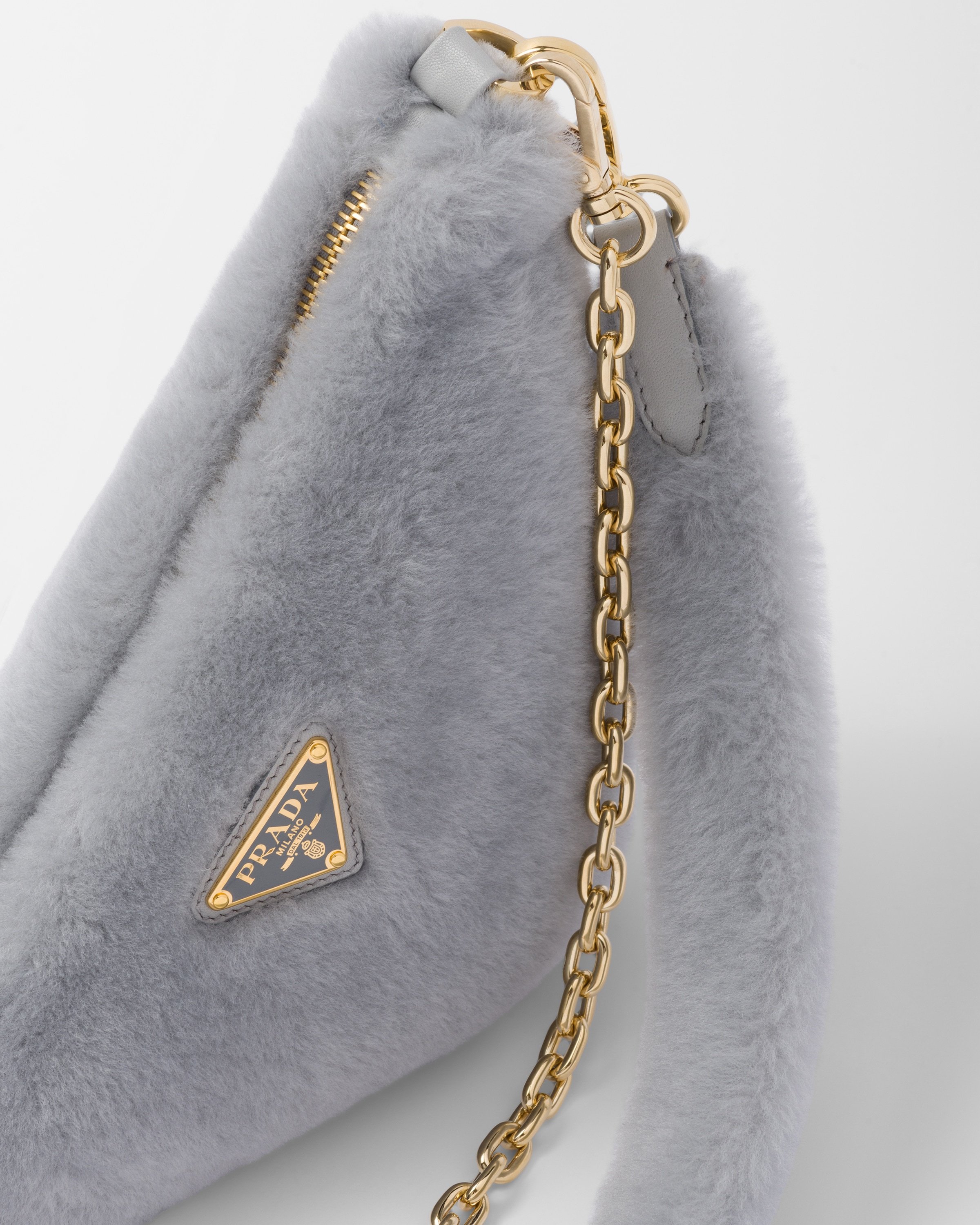 Prada Grey Shearling Mini Shoulder Bag In Cornflower Blue