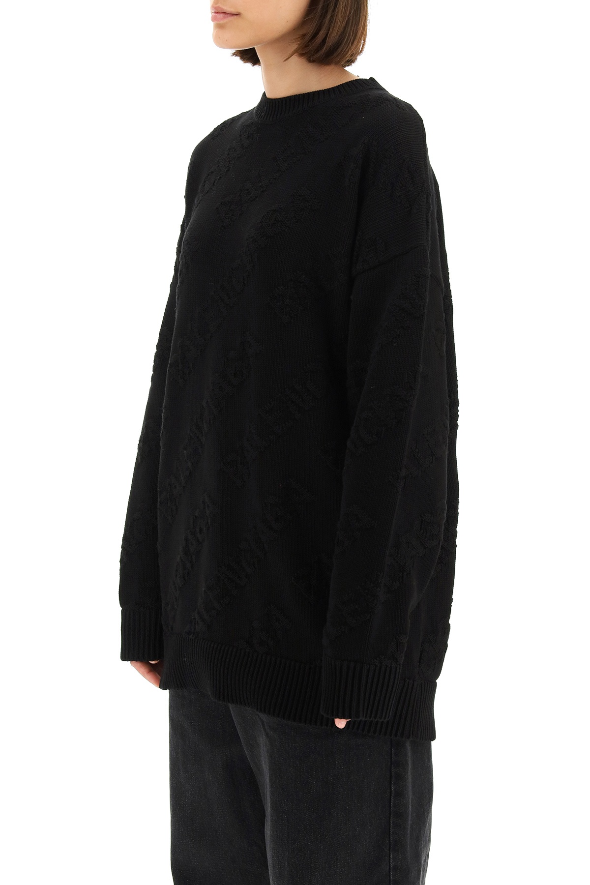 Balenciaga Allover Logo Intarsia Knitted Sweater In Black