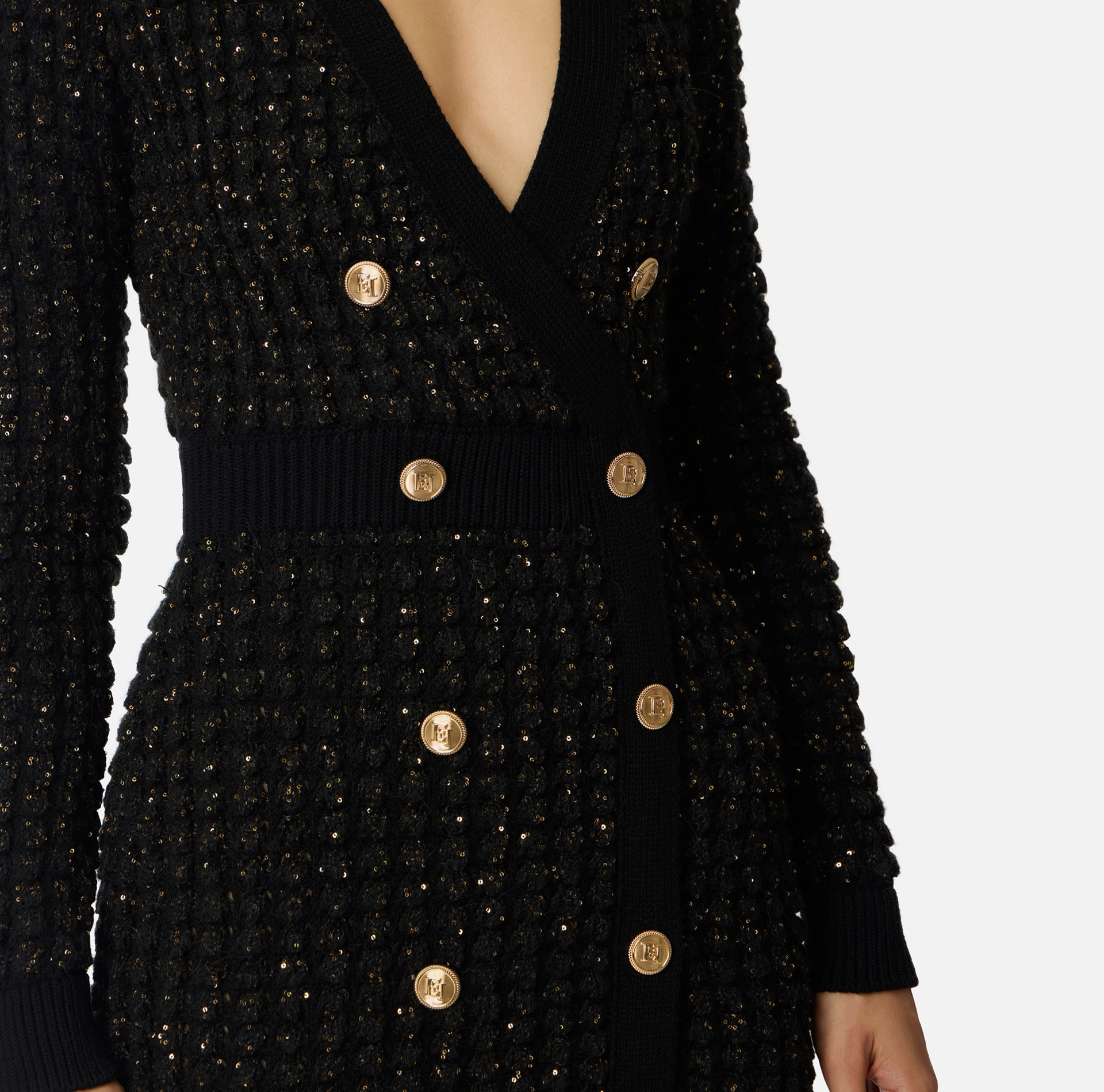 Elisabetta Franchi Boucle Knit Dress With Sequins In Black