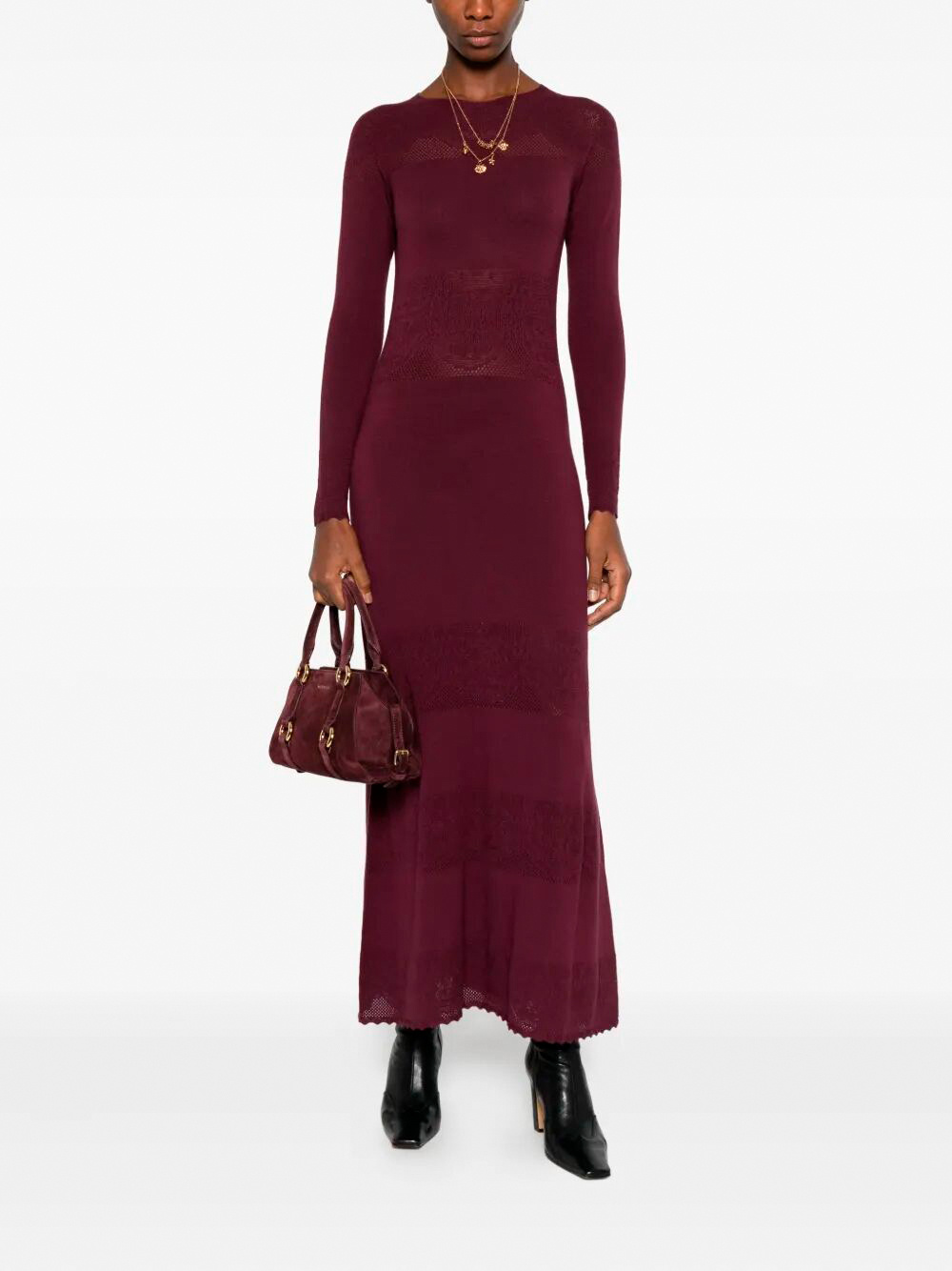 Twinset Lace-insert Long-sleeve Dress In Brown