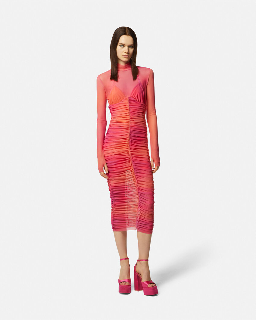 Versace Pleated High-neck Dress In Red